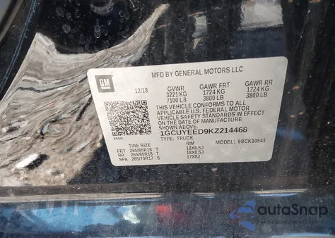 2019 Chevrolet Silverado 1500 Rst из США, поврежденный, VIN 1GCUYEED9KZ214468